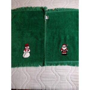 😁2 Vintage Lustre Fieldcrest Fingertip Towels Christmas Santa And Snowman Green